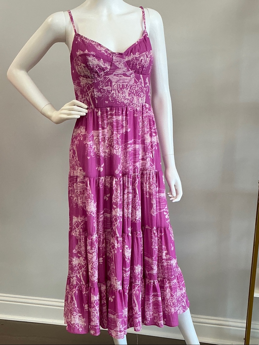 Aqua Magenta Toile-Print Spaghetti Strap Maxi Dress